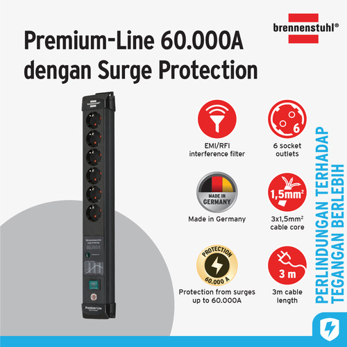 [EZM.2401038] Stop Kontak Kabel Extension Terminal Listrik 6 Lubang Brennenstuhl Premium Line power strip 6 Socket 3m with surge protection anti petir 60000A / Colokan Listrik Kabel Ekstensi 3 Meter dengan Switch On Off
