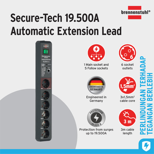 [EZM.2401008] Stop Kontak Kabel Extension Terminal Listrik 6 Lubang Brennenstuhl Secure Tec 19.500A automatic extension lead with surge protection (anti petir) 6 socket anthracite 3m / Colokan Listrik Kabel Ekstensi 3 Meter - 1159490966