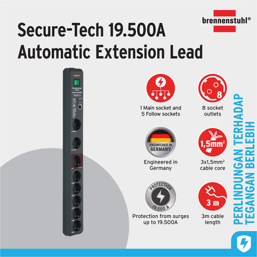 [EZM.2401009] Stop Kontak Kabel Extension Terminal Listrik 8 Lubang Brennenstuhl Secure Tec 19.500A automatic extension lead with surge protection (anti petir) 8 socket anthracite 3m / Colokan Listrik Kabel Ekstensi 3 Meter - 1159490936