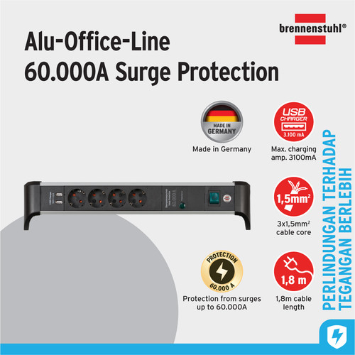 [EZM.2401010] Stop Kontak Kabel Extension Terminal Listrik 4 Lubang Brennenstuhl Alu Office Line 60.000A surge protection (anti petir) with USB charging 4 Socket 1.8m / Colokan Listrik Kabel Ekstensi 1.8 Meter Switch On Off - 1391020410