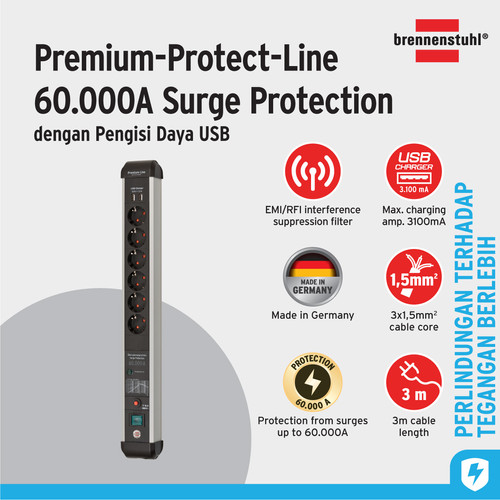 [EZM.2401011] Stop Kontak Kabel Extension Terminal Listrik 6 Lubang Brennenstuhl Premium Protect Line 60.000A with surge protection (anti petir) & USB Charger 6 Socket 3m / Colokan Listrik Kabel Ekstensi 3 Meter Switch On Off - 1391010610