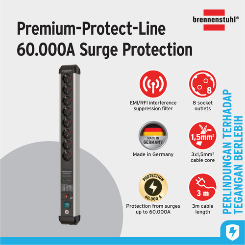 [EZM.2401013] Stop Kontak Kabel Extension Terminal Listrik 8 Lubang Brennenstuhl Premium Protect Line 60.000A with surge protection (Anti Petir) 8 Socket 3m / Colokan Listrik Kabel Ekstensi 3 Meter Switch On Off - 1391010800