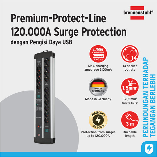 [EZM.2401014] Stop Kontak Kabel Extension Terminal Listrik 14 Lubang Brennenstuhl Premium Protect Line 120.000A with surge protection (anti petir) & USB Charger 14 Socket DUO 3m / Colokan Listrik Kabel Ekstensi 3 Meter Switch On Off - 1392000232