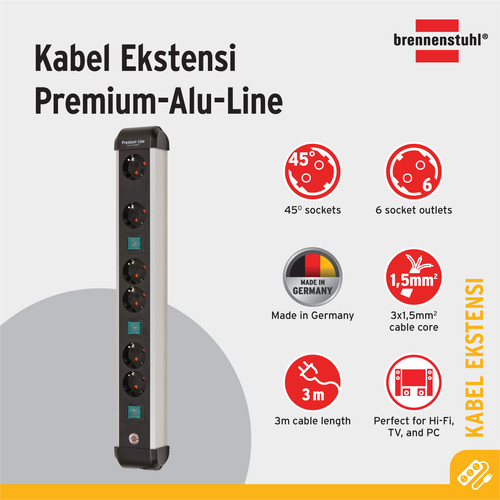 [EZM.2401015] Stop Kontak Kabel Extension Terminal Listrik 6 Lubang Brennenstuhl Premium Alu Line Technics 6 socket 3x 2 Socket switchable sockets 3m / Colokan Listrik Kabel Ekstensi 3 Meter Switch On Off