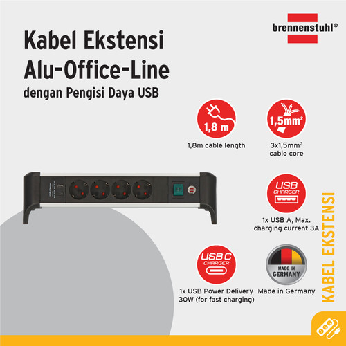 [EZM.2401016] Stop Kontak Kabel Extension Terminal Listrik 4 Lubang Brennenstuhl ALU Office Line 4 Socket 1,8m + USB Power / Colokan Listrik Kabel Ekstensi 1.8 Meter Switch On Off - 1391040420