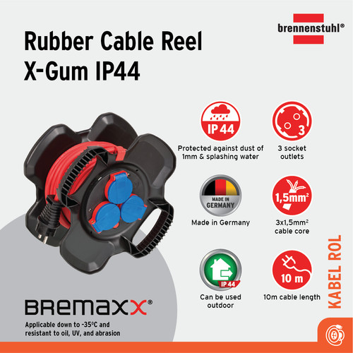 [EZM.2401019] Kabel Rol Terminal Listrik 3 Lubang Brennenstuhl Cable Reel Outdoor Rubber Cable Reel X-Gum IP44 10m / Colokan Listrik dengan Kabel Gulung 10 Meter - 1169717100