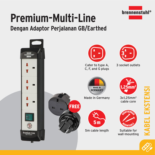 [EZM.2401022] Stop Kontak Kabel Ekstensi Terminal Listrik 3 Lubang Colokan Universal Brennenstuhl Premium Multi Line 3 socket 5m / Colokan Listrik 5 meter dengan switch