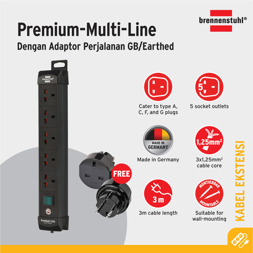 [EZM.2401023] Stop Kontak Kabel Ekstensi Terminal Listrik 5 Lubang Colokan Universal Brennenstuhl Premium Multi Line 5 socket 3m / Colokan Listrik 3 Meter dengan switch