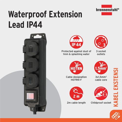 [EZM.2401026] Stop Kontak Kabel Ekstensi Colokan Terminal Listrik 3 Lubang Brennenstuhl Cable Extension Outdoor 3 Socket 2m IP44 dengan Tutup Pelindung dan Switch - 1159950013