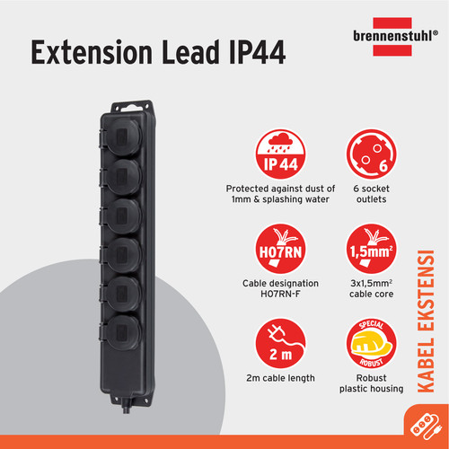 [EZM.2401027] Stop Kontak Kabel Ekstensi Colokan Terminal Listrik Brennenstuhl Cable Extension Outdoor IP44 dengan Tutup Pelindung, Panjang Kabel 2m, 4-Lubang (1159960) dan 6-Lubang (1159970) - 4 Lubang