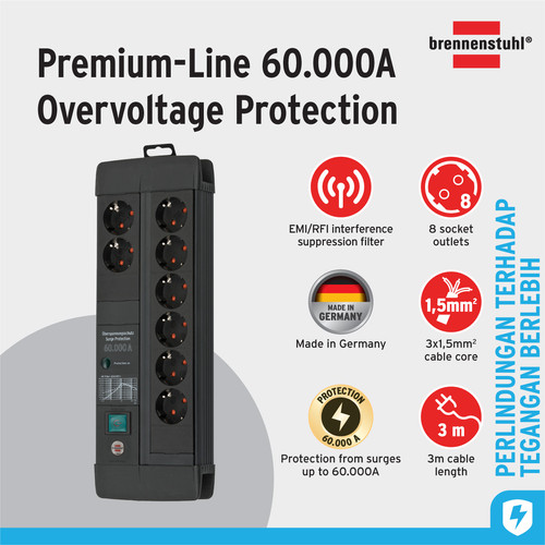 [EZM.2401006] Stop Kontak Kabel Extension Terminal Listrik 8 Lubang Brennenstuhl Premium Line 60.000A RFI interference filter extension lead with surge protection (anti petir) 8 socket Hitam 3m / Colokan Listrik Kabel Ekstensi 3 Meter Black - 1256000698
