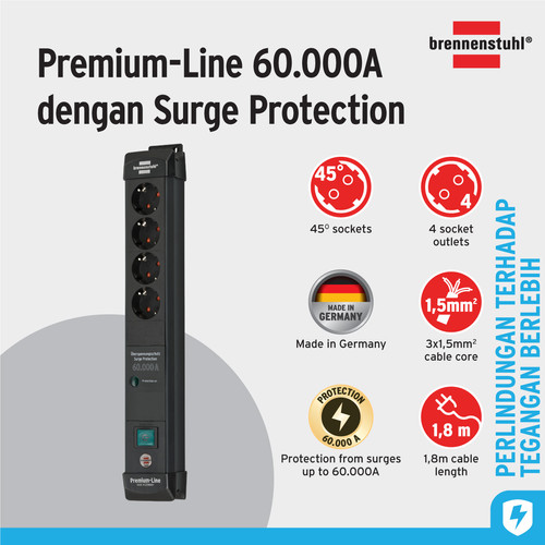 [EZM.2401007] Stop Kontak Kabel Extension Terminal Listrik 4 Lubang Brennenstuhl Premium Line 60.000A extension lead with surge protection (anti petir) 4 Socket Hitam 1.8m / Colokan Listrik Kabel Ekstensi 1.8 Meter Black - 1951140300