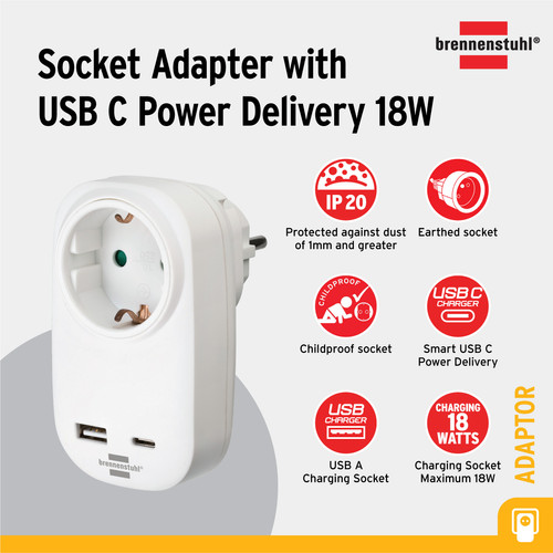 [EZM.2400998] Stop Kontak Colokan Terminal Listrik 1 Lubang dengan USB type C & USB type A Brennenstuhl Socket Adapter Power Delivery Fast Charging - 1508210