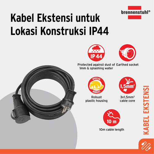 [EZM.2401000] Sambungan Kabel Colokan Terminal Listrik 1 Lubang dengan Penutup Outdoor Brennenstuhl 10M Extension cable for building site IP44 10 meter HITAM - 1166810