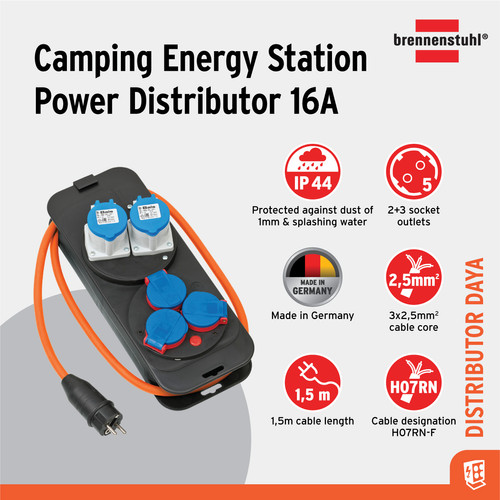 [EZM.2401003] Stop Kontak Kabel Extension Terminal Listrik 5 Lubang Brennenstuhl Camping Energy station 2xCEE230V/16A, 3x230V 1,5m H07RN-F3G2.5 / Colokan Listrik Kabel Ekstensi 1.5 Meter - 1151600040