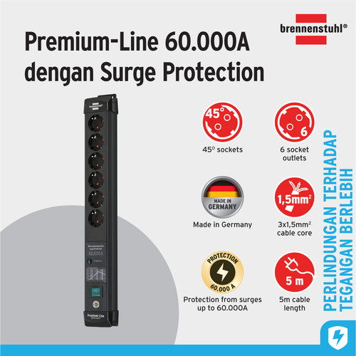 [EZM.2401004] Stop Kontak Kabel Extension Terminal Listrik 6 Lubang Brennenstuhl Premium Line 60.000A extension lead EMI RFI interference suppression filter with surge protection (anti petir) 6 socket black 5m / Colokan Listrik Kabel Ekstensi 5 Meter - 1951160402