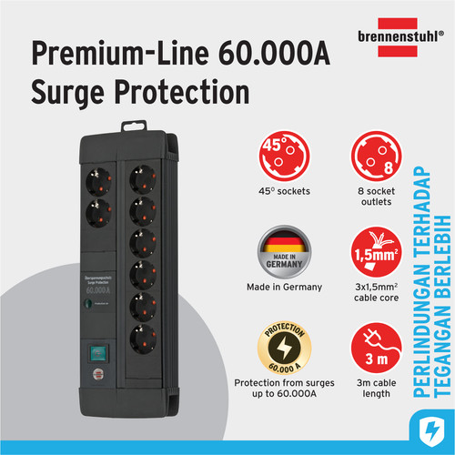 [EZM.2401005] Stop Kontak Kabel Extension Terminal Listrik 8 Lubang Brennenstuhl Premium Line 60.000A extension lead with surge protection (anti petir) 8 socket Hitam 3m / Colokan Listrik Kabel Ekstensi 3 Meter - 1256000678