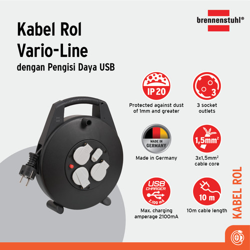 [EZM.2401204] Kabel Rol 3 Lubang + 1 USB Port Brennenstuhl Vario Line 4 Socket 10m / Colokan Listrik dengan Kabel Gulung 10m - 1093200600