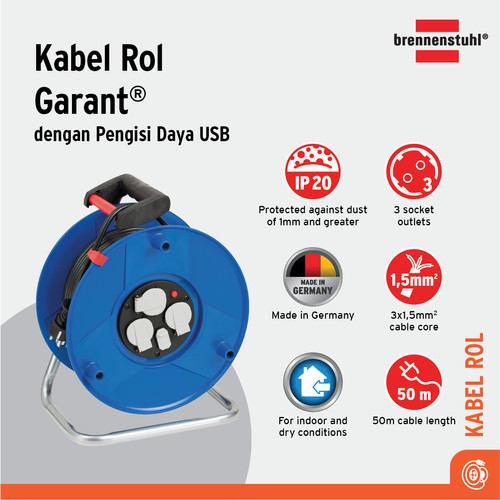 [EZM.2401205] Kabel Rol 3 Lubang Brennenstuhl Cable Reel Garant USB Charger 50m / Colokan Listrik 3 Socket dengan Kabel Gulung 50 Meter - 1205060600