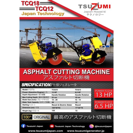 [EZM.1400698] Mesin Potong Aspal TCQ 18 + Engine Tsuzumi TX390 Mata 16 Inch