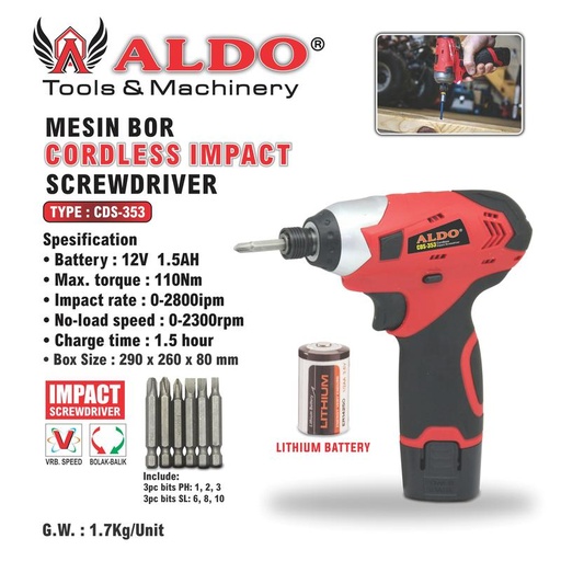 Mesin Bor Cordless Impact Screwdriver Type : CDS-353 Merk Aldo
