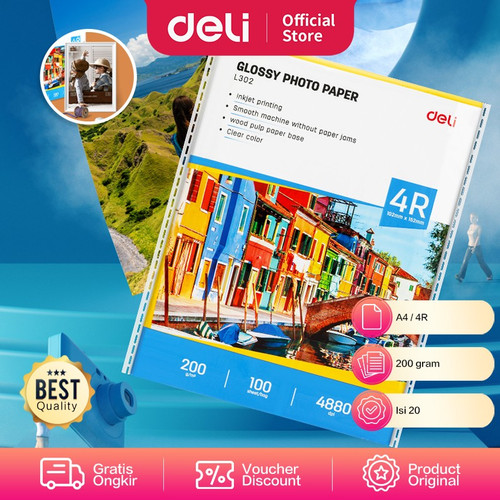 [EZO.7001944] Deli Inkjet Photo Paper Kertas Foto Inkjet Glossy 4R 200g isi100 EL302