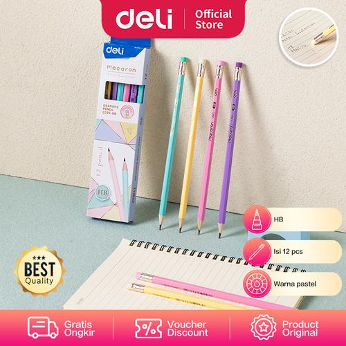 [EZO.7000649] Deli Graphite Pencil / Pensil Kayu HB 12pcs Pastel Penghapus EC025-HB