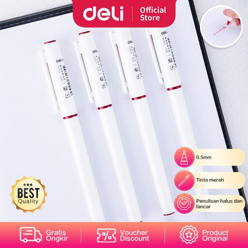 [EZO.7000650] Deli Gel Pen / Pulpen Gel 0.5mm Tinta Merah Desain Elegan Halus A55
