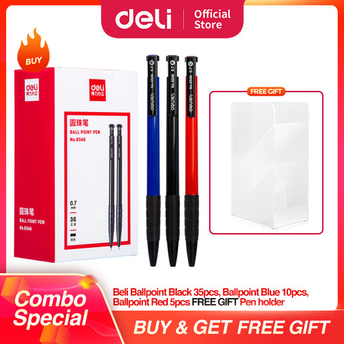 [EZO.7002025] DELI Paket Hemat 10 - Ballpoin Pulpen Hitam,Biru,Merah & Tempat Pulpen