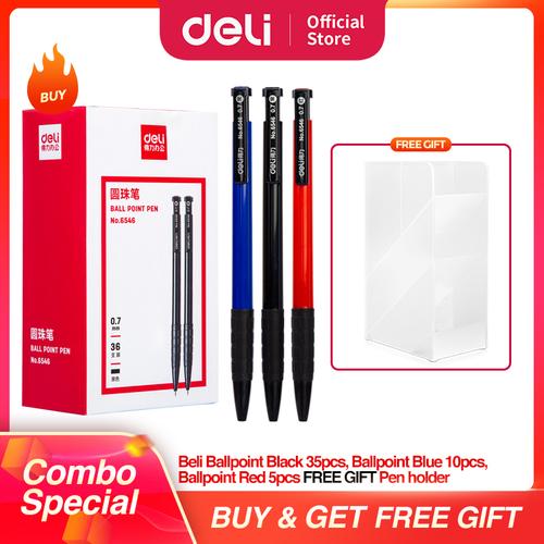 [EZO.7002025] DELI Paket Hemat 10 - Ballpoin Pulpen Hitam,Biru,Merah & Tempat Pulpen