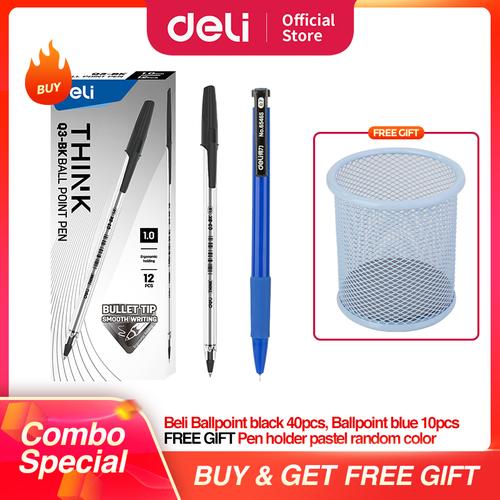 [EZO.7002027] DELI Paket Hemat 3 - Ballpoin Pulpen Hitam,Biru 50pcs & Tempat Pulpen