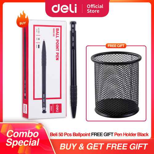 [EZO.7002029] DELI Paket Hemat 1 - Ballpoin 50pcs & Tempat Pensil Hitam Bulat