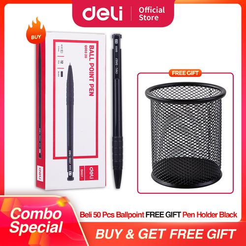 [EZO.7002029] DELI Paket Hemat 1 - Ballpoin 50pcs & Tempat Pensil Hitam Bulat