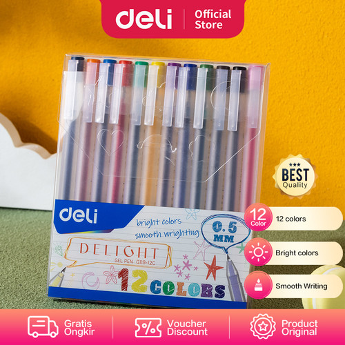 [EZO.7000801] Deli School Gel Pen/Pulpen Gel 0.5mm 12Warna Penulisan Halus EG119-12C