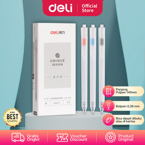[EZO.7000768] Deli Gel Pen / Pulpen Gel 0.38mm Tinta Hitam Isi 12pcs Retracable A115