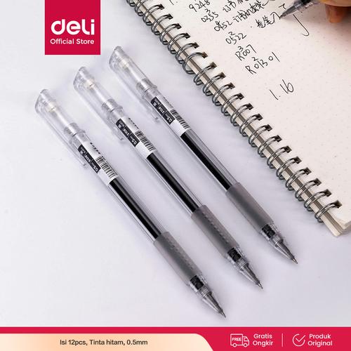 [EZO.7002101] Deli Gel Pen / Pulpen Gel 0.5mm Tinta Hitam Isi 12pcs/box S108