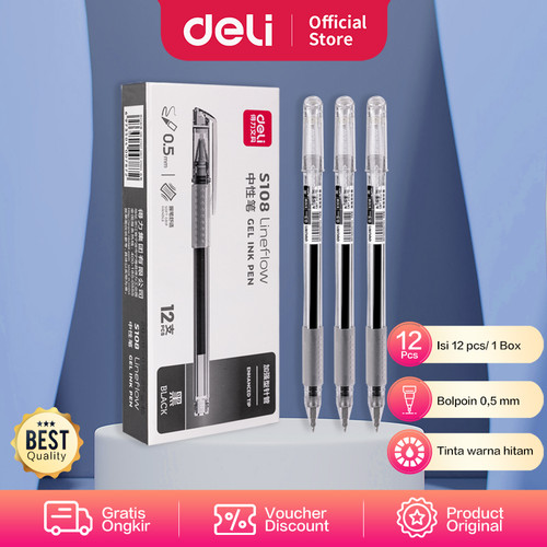 [EZO.7002101] Deli Gel Pen / Pulpen Gel 0.5mm Tinta Hitam Isi 12pcs/box S108
