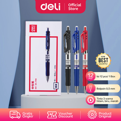 [EZO.7000769] Deli Gel Pen / Pulpen Gel Retracable 0.5mm Isi 12pcs/box S01