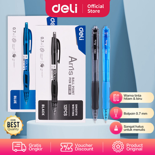 [EZO.7000771] Deli Ballpoint Pen Pulpen 0.7mm Tinta Hitam & Biru Isi 12pcs/box EQ17