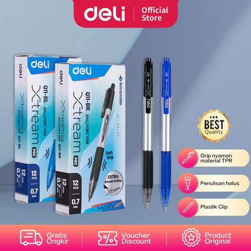 [EZO.7002103] Deli Ballpoint Pen Pulpen 0.7mm Tinta Hitam & Biru Isi 12pcs/box EQ11