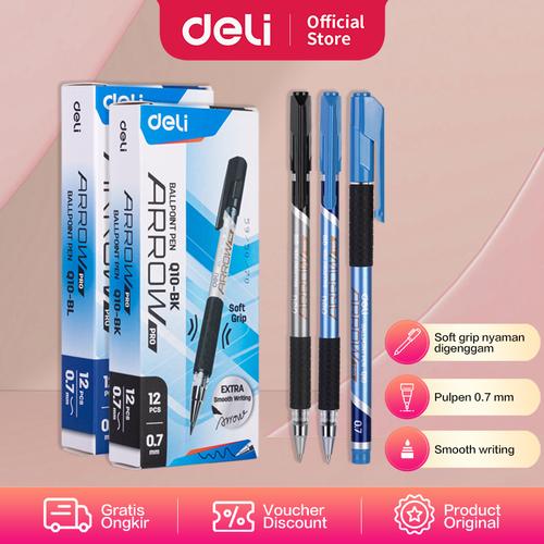 [EZO.7002104] Deli Ballpoint Pen Pulpen 0.7mm Tinta Hitam & Biru Isi 12pcs/box EQ10