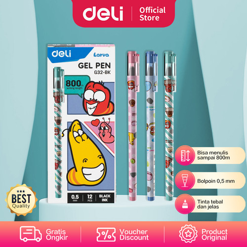 [EZO.7002107] Deli School Gel Pen / Pulpen Gel Kartun Larva 0.5mm Isi 12pcs/box EG32