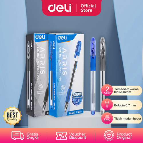 [EZO.7002108] Deli Ballpoint Pen / Pulpen 0.7mm Tinta Hitam&Biru Isi 12pcs/box EQ55