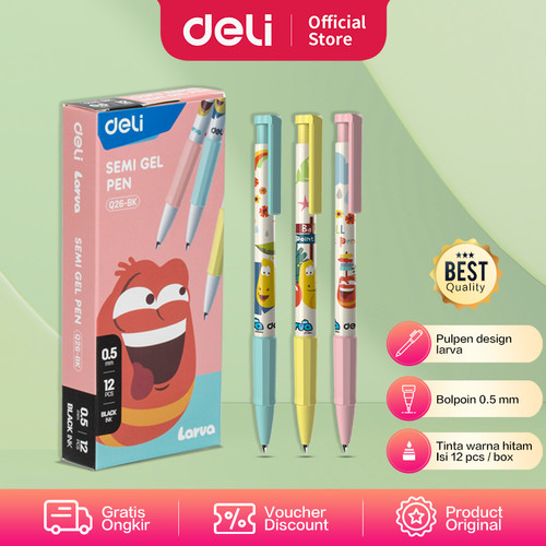 [EZO.7002109] Deli Semi Gel Pen / Pulpen Gel Kartun Larva 0.5mm Isi 12pcs/box EQ26