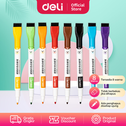 [EZO.7000811] Deli Color Whiteboard Marker/Spidol Papan Tulis+Penghapus 8Color S514