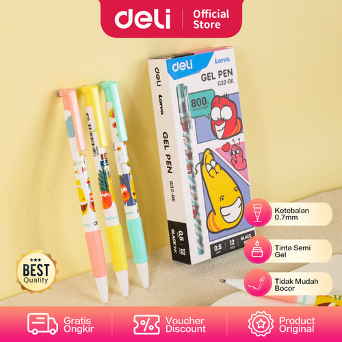 [EZO.7002227] Deli Larva Ballpoint Pen/ Pulpen Semi Gel Cetek Hitam 0,5mm EQ26-BK
