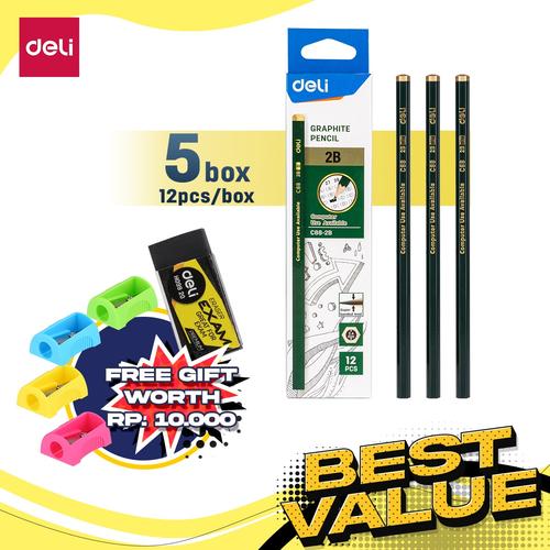 [EZO.7000842] Deli Combo ATK Ekonomis 60pcs Pensil Kayu 2B Free Rautan+Penghapus