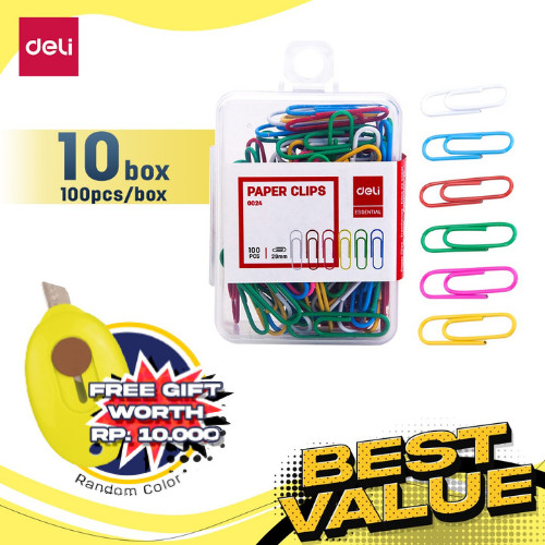 [EZO.7000844] Deli Combo ATK Ekonomis 10pak Paper Clip isi 100pcs/pak Free Cutter