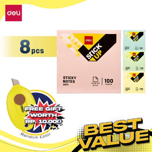 [EZO.7000845] Deli Combo ATK Ekonomis 8pcs Sticky Notes Tempel 76mm Free Mini Cutter