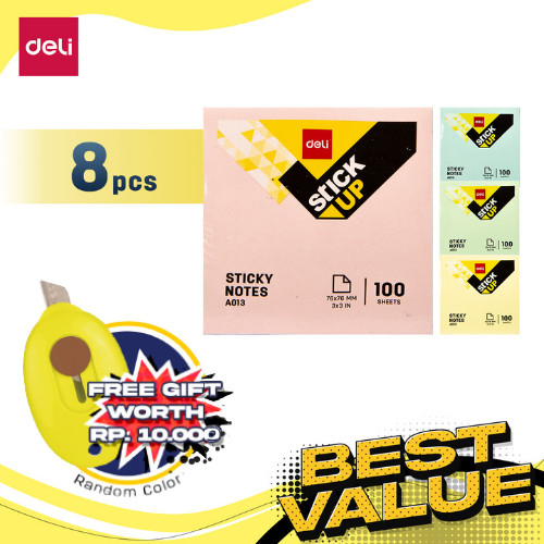 [EZO.7000845] Deli Combo ATK Ekonomis 8pcs Sticky Notes Tempel 76mm Free Mini Cutter
